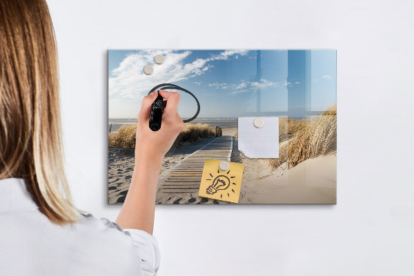 Decoratief glazen wandbord beschrijfbaar en magnetisch Strand, herinneringen en creativiteit in foto's