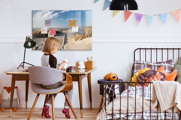Decoratief glazen wandbord beschrijfbaar en magnetisch Strand, herinneringen en creativiteit in foto's