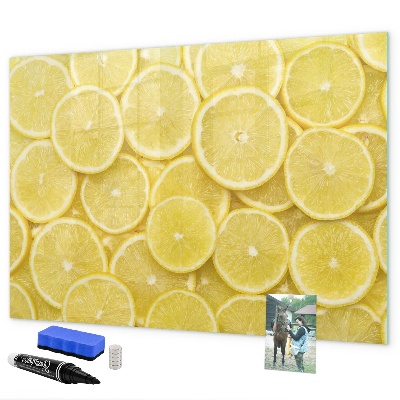 Decoratief glazen wandbord beschrijfbaar en magnetisch Citroenmotief met foto's en accessoires