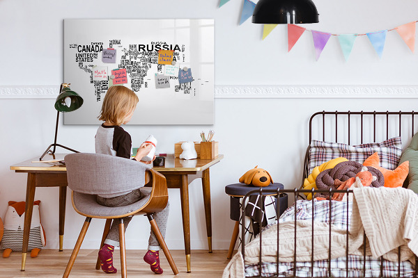 Decoratief glazen wandbord beschrijfbaar en magnetisch Wereldkaart met plaatsen en foto's