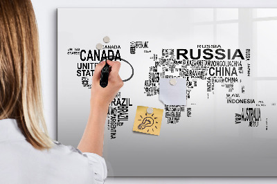 Decoratief glazen wandbord beschrijfbaar en magnetisch Wereldkaart met plaatsen en foto's