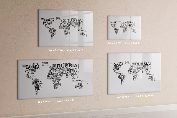 Decoratief glazen wandbord beschrijfbaar en magnetisch Wereldkaart met plaatsen en foto's