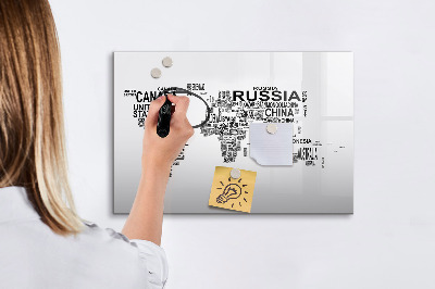 Decoratief glazen wandbord beschrijfbaar en magnetisch Wereldkaart met plaatsen en foto's
