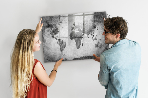 Memobord van glas met print inclusief neodymium magneten Wereldkaart met persoonlijke foto's