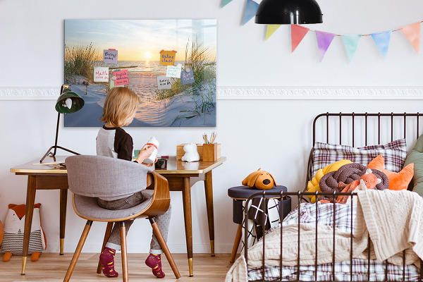 Memobord van glas met print inclusief neodymium magneten Strand en herinneringen in foto's