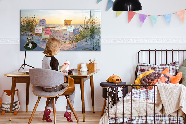 Memobord van glas met print inclusief neodymium magneten Strand en herinneringen in foto's