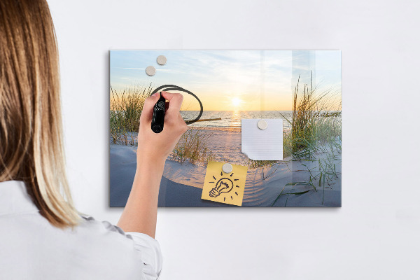 Memobord van glas met print inclusief neodymium magneten Strand en herinneringen in foto's