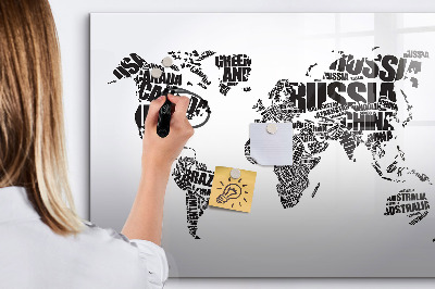 Decoratief glazen wandbord beschrijfbaar en magnetisch Een wereldkaart met persoonlijke herinneringen.