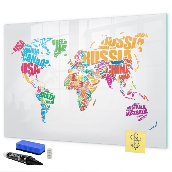Memobord van glas met print inclusief neodymium magneten De wereld in kleurrijke woorden en foto's