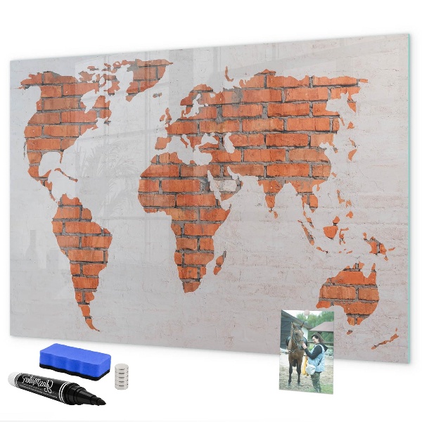 Memobord van glas met print inclusief neodymium magneten Een wereldkaart met persoonlijke herinneringen.