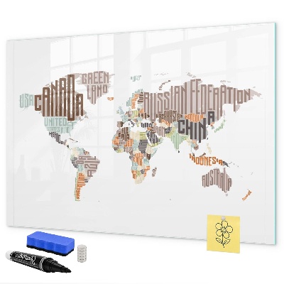 Decoratief glazen wandbord beschrijfbaar en magnetisch Wereldkaart met fotolocaties