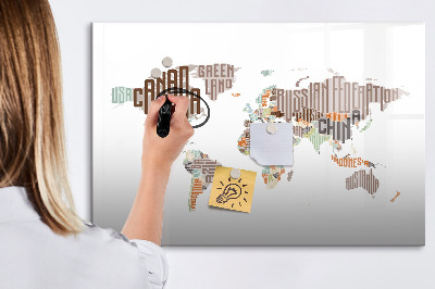 Decoratief glazen wandbord beschrijfbaar en magnetisch Wereldkaart met fotolocaties