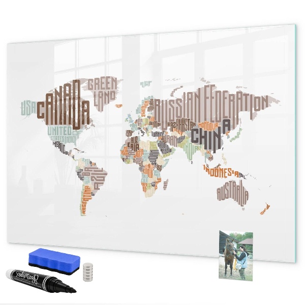 Decoratief glazen wandbord beschrijfbaar en magnetisch Wereldkaart met fotolocaties