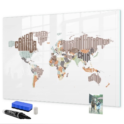 Decoratief glazen wandbord beschrijfbaar en magnetisch Wereldkaart met fotolocaties