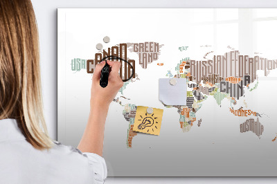Decoratief glazen wandbord beschrijfbaar en magnetisch Wereldkaart met fotolocaties