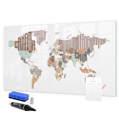 Decoratief glazen wandbord beschrijfbaar en magnetisch Wereldkaart met fotolocaties