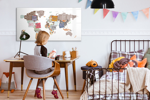 Decoratief glazen wandbord beschrijfbaar en magnetisch Wereldkaart met fotolocaties