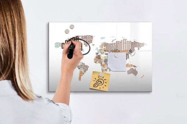Decoratief glazen wandbord beschrijfbaar en magnetisch Wereldkaart met fotolocaties
