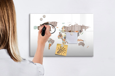 Decoratief glazen wandbord beschrijfbaar en magnetisch Wereldkaart met fotolocaties