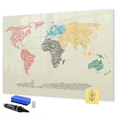 Memobord van glas met print inclusief neodymium magneten Wereldkaart met plaatsen en foto's