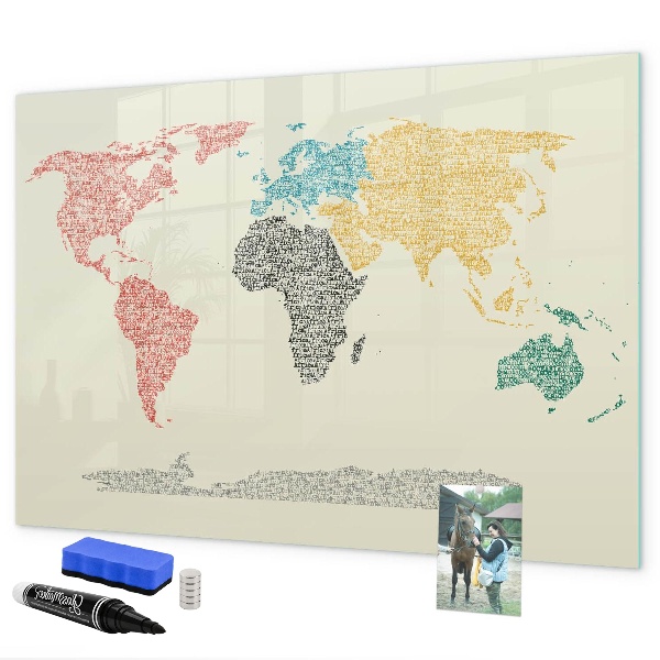 Memobord van glas met print inclusief neodymium magneten Wereldkaart met plaatsen en foto's
