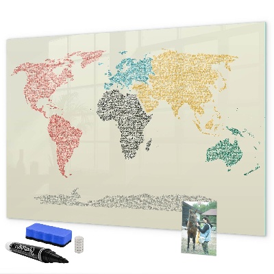 Memobord van glas met print inclusief neodymium magneten Wereldkaart met plaatsen en foto's