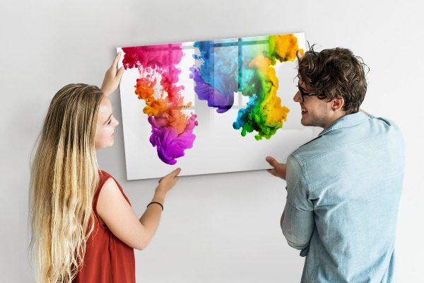 Decoratief glazen wandbord beschrijfbaar en magnetisch Kleurrijke wolken met persoonlijke foto's