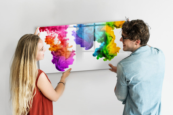 Decoratief glazen wandbord beschrijfbaar en magnetisch Kleurrijke wolken met persoonlijke foto's