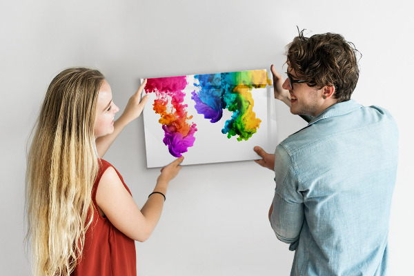 Decoratief glazen wandbord beschrijfbaar en magnetisch Kleurrijke wolken met persoonlijke foto's