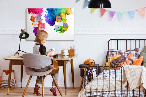 Decoratief glazen wandbord beschrijfbaar en magnetisch Kleurrijke wolken met persoonlijke foto's