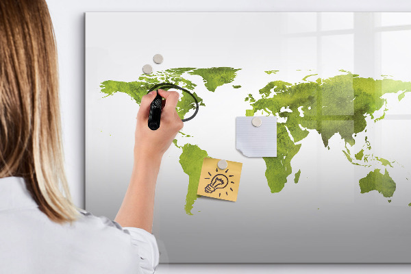 Decoratief glazen wandbord beschrijfbaar en magnetisch Wereldkaart met fotolocaties