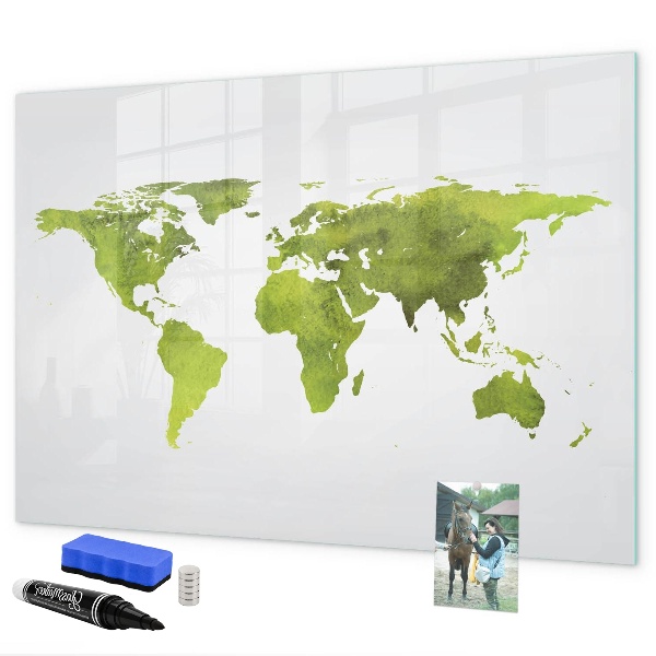 Decoratief glazen wandbord beschrijfbaar en magnetisch Wereldkaart met fotolocaties