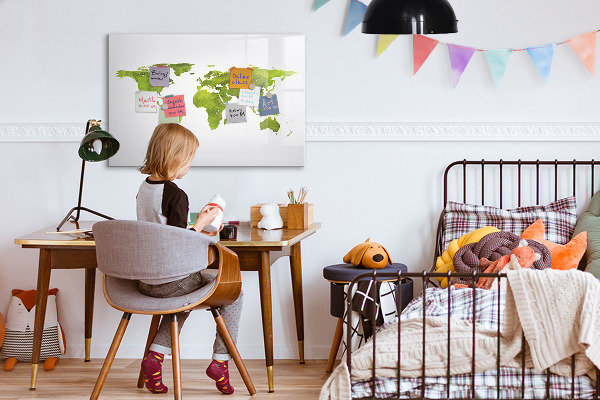 Decoratief glazen wandbord beschrijfbaar en magnetisch Wereldkaart met fotolocaties