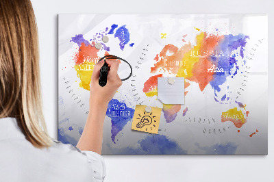 Decoratief glazen wandbord beschrijfbaar en magnetisch Kleurrijke wereldkaart met foto's