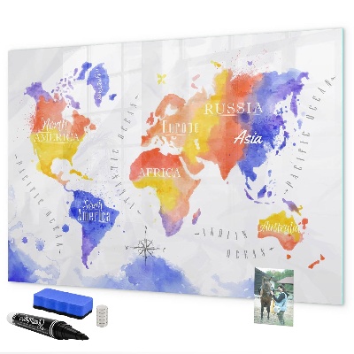 Decoratief glazen wandbord beschrijfbaar en magnetisch Kleurrijke wereldkaart met foto's