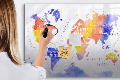 Decoratief glazen wandbord beschrijfbaar en magnetisch Kleurrijke wereldkaart met foto's