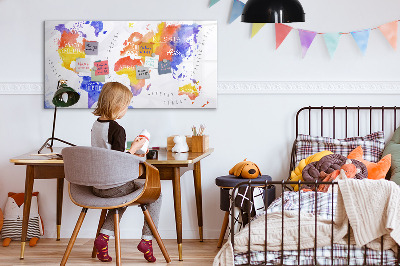 Decoratief glazen wandbord beschrijfbaar en magnetisch Kleurrijke wereldkaart met foto's