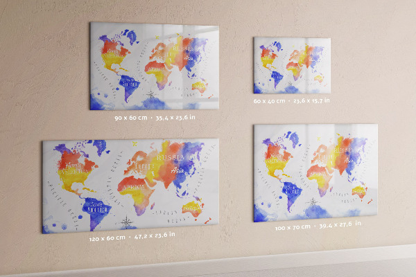 Decoratief glazen wandbord beschrijfbaar en magnetisch Kleurrijke wereldkaart met foto's
