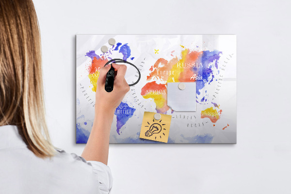 Decoratief glazen wandbord beschrijfbaar en magnetisch Kleurrijke wereldkaart met foto's