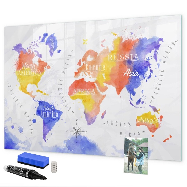 Decoratief glazen wandbord beschrijfbaar en magnetisch Kleurrijke wereldkaart met foto's