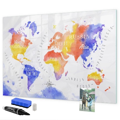Decoratief glazen wandbord beschrijfbaar en magnetisch Kleurrijke wereldkaart met foto's