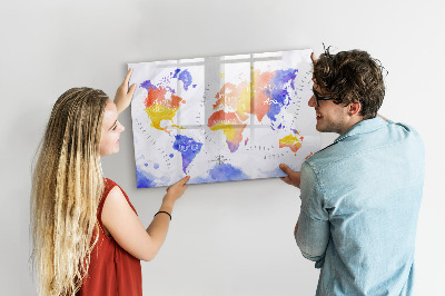 Decoratief glazen wandbord beschrijfbaar en magnetisch Kleurrijke wereldkaart met foto's