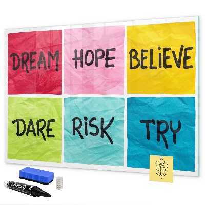 Memobord van glas met print inclusief neodymium magneten Inspirerende slogans voor actie en dromen.