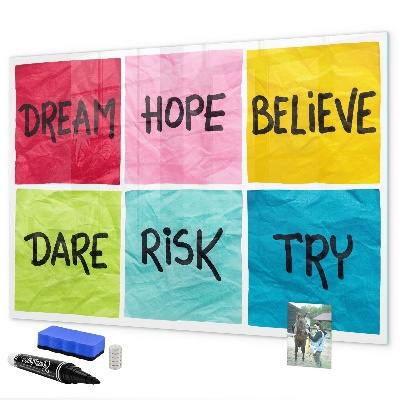 Memobord van glas met print inclusief neodymium magneten Inspirerende slogans voor actie en dromen.