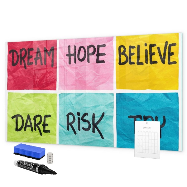 Memobord van glas met print inclusief neodymium magneten Inspirerende slogans voor actie en dromen.