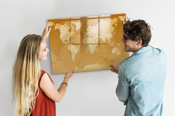 Decoratief glazen wandbord beschrijfbaar en magnetisch Interactieve kaartplanner met foto's