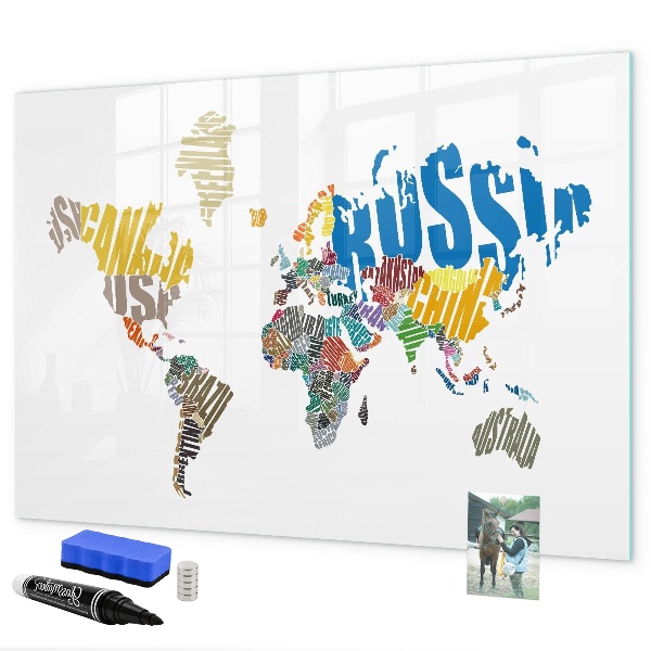 Decoratief glazen wandbord beschrijfbaar en magnetisch Wereldkaart met fotolocaties