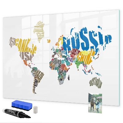 Decoratief glazen wandbord beschrijfbaar en magnetisch Wereldkaart met fotolocaties