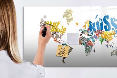 Decoratief glazen wandbord beschrijfbaar en magnetisch Wereldkaart met fotolocaties