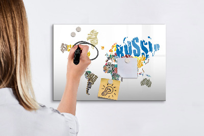 Decoratief glazen wandbord beschrijfbaar en magnetisch Wereldkaart met fotolocaties